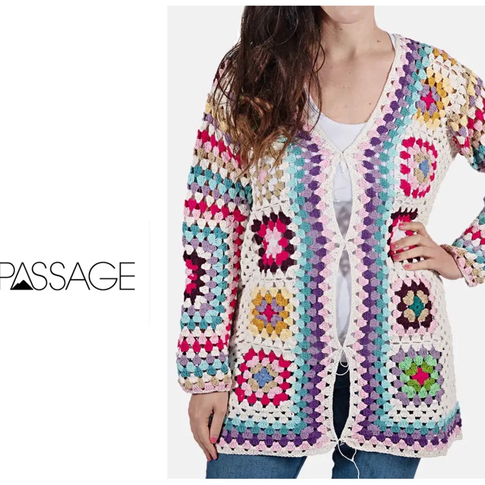 New w tags Granny Square white Multi Crochet sweater jacket